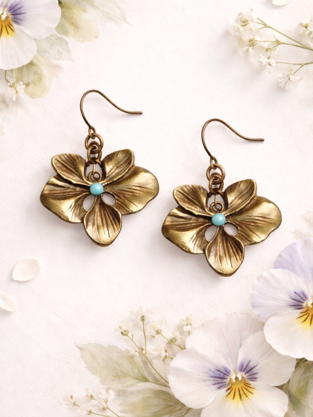 Turquoise Boho Brass Flower Earrings Antique Bronze Floral Dangle Vintage Style - Picture 2 of 7